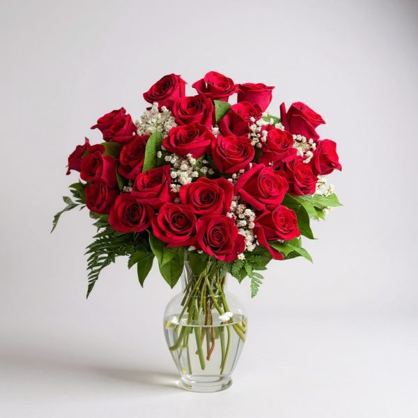 2 dozen red roses bouquet with baby’s breath in glass vase – Quinn Florist Astoria NYC