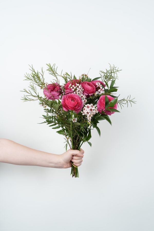 Hand holding bouquet of pink ranunculus and waxflowers