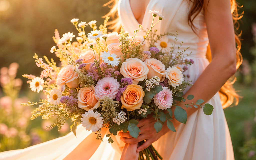Fall wedding flowers bridal bouquet with peach roses, pink dahlias, white daisies, purple wildflowers, and eucalyptus in golden hour light