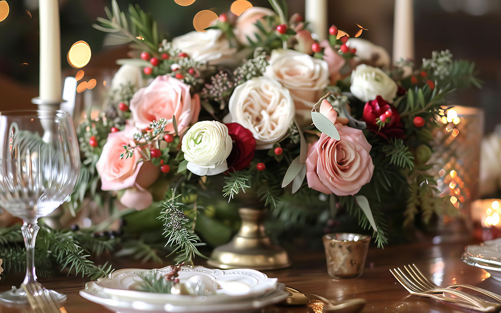Winter wedding flowers centerpiece with pink roses, white ranunculus, red berries, and pine greenery with candlelight for Christmas wedding reception