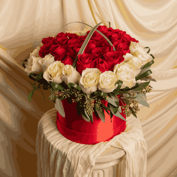 Red and ivory roses hatbox arrangement luxury flower box by Quinn Florist Astoria